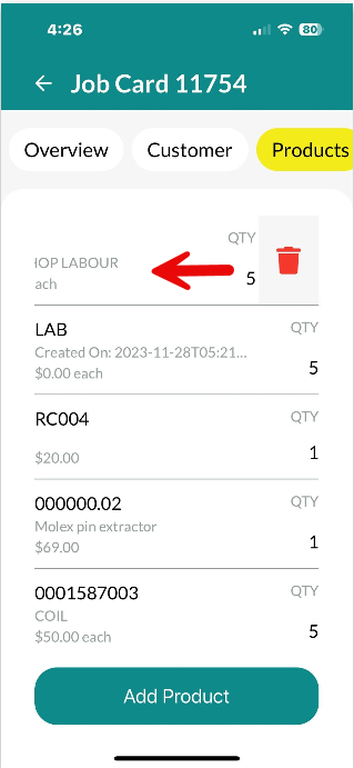 Workshop Software screen showing swipe the product left to delete an item