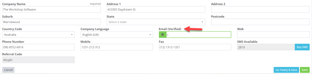 Workshop Software use your own email showing profile > company details > confirm the email status has changed to ” verified”” width=”1024″ height=”243″></p>
<p>If you need to change email address, no problem! Follow the above steps again, you can verify as many email address as you like.</p>
<p>The email address that is in the Verify window will be the email address that your customers see and can reply to.</p>




<h3>Good to Know</h3>
<ul>
<li>Make sure you click <strong>Save</strong> after making your changes. If you navigate away before saving, your changes will be lost.</li>
<li>This setting can be toggled on or off at any time. The change takes effect immediately once you click Save.</li>
</ul>

<h3>Frequently Asked Questions</h3>
<h4>Where do I find this setting in Workshop Software?</h4>
<p>Navigate to Settings in the left-hand menu. The specific option is described in the steps above.</p>
<h4>Can I change this setting back later?</h4>
<p>Yes. This setting can be changed at any time by following the same steps and adjusting the option as needed. Remember to click Save after making your change.</p>

<h3>Related Articles</h3>
<ul>
<li><a href=