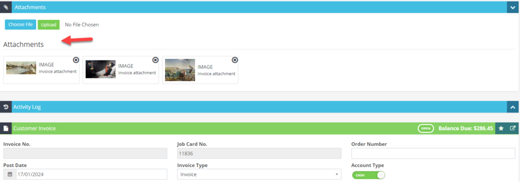 Workshop Software copy invoice with attachments showing 
