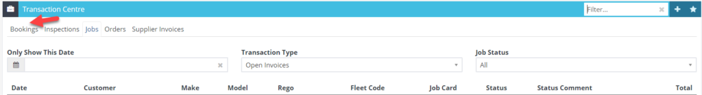 Workshop Software transaction centre showing bookings tab