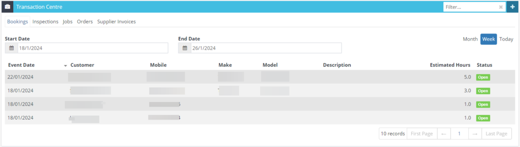 Workshop Software screen showing this feature will show bookings including their status, estimated hours and a...