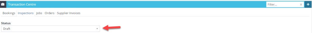 Workshop Software screen showing to change the status click on the arrow in the status box and select the insp...