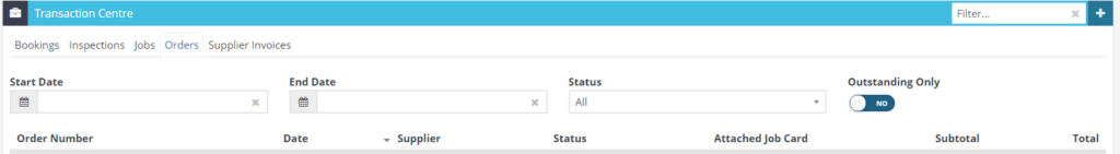 Workshop Software screen showing this tab allows you to see all your supplier orders and can filtered by date,...