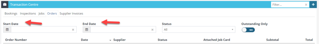 Workshop Software transaction centre showing date range by entering a start and end date