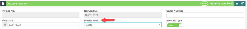 Workshop Software screen showing if you would like to sms a quote or credit, change the invoice type on the in...