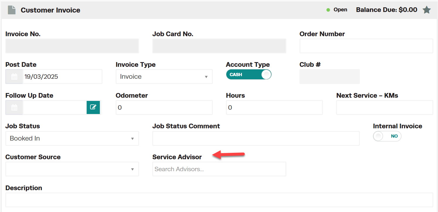 Workshop Software service advisors on job cards showing service advisor in the service advisor field on the job card befor...