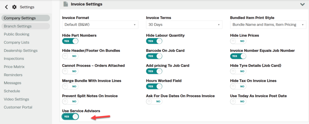 Workshop Software service advisors on job cards showing 