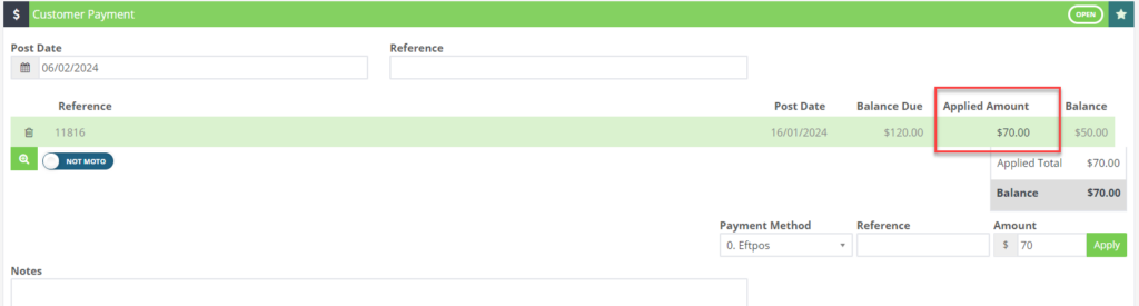 Workshop Software screen showing if an amount has not been added to the applied amount on the reference line a...