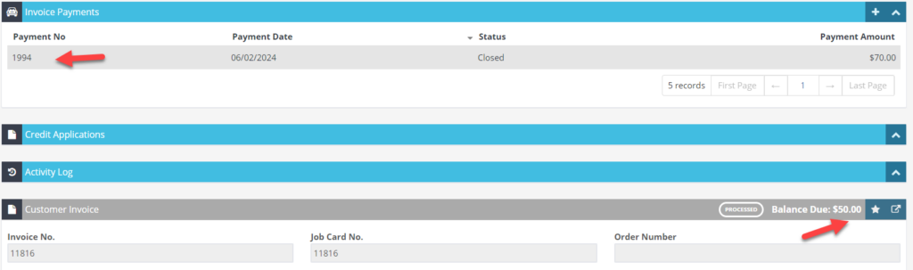 Workshop Software screen showing once you've completed the payment process, you'll see the payment or payments...