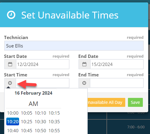 Workshop Software screen showing when your technician has specific times they can't work for an extended perio...