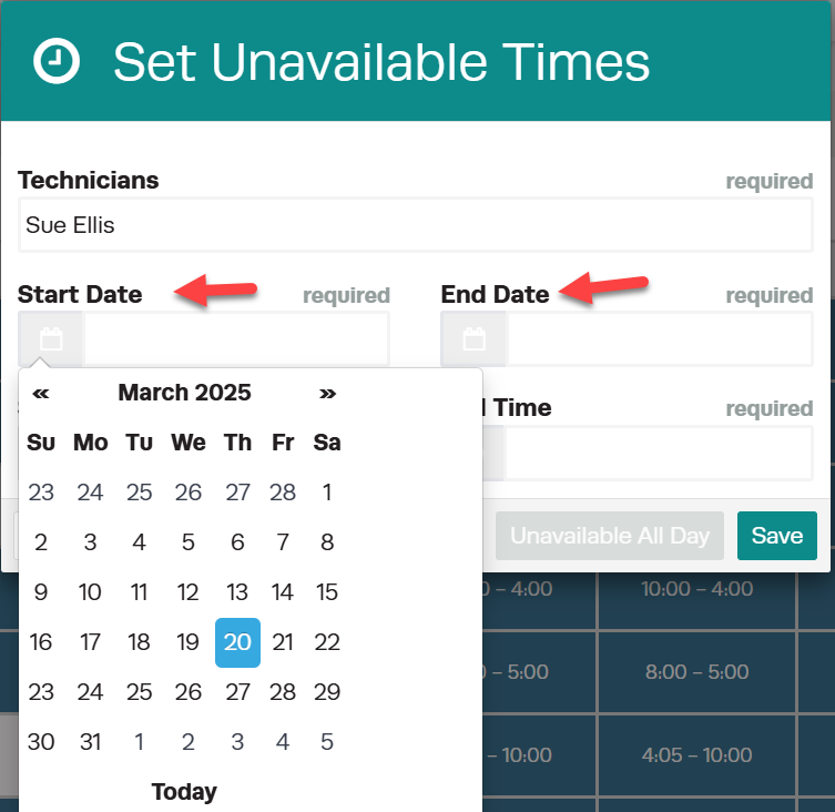 Workshop Software schedule unavailability showing start date > end date” width=”421″ height=”409″>

5. Select Yellow Unavailable All Day.

<img loading=