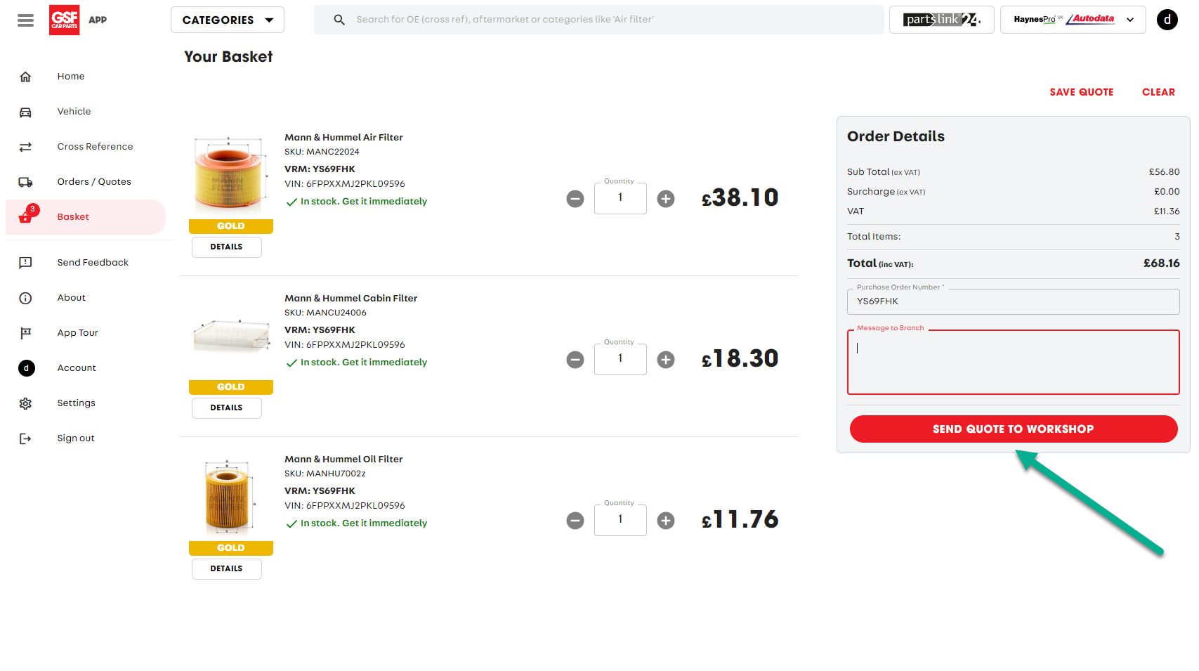 Workshop Software screen showing when you are ready to send these products back to your booking/invoice select...