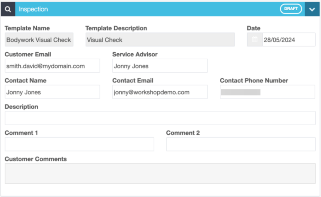 Workshop Software screen showing - once you have selected the template, the system will auto-fill the inspecti...