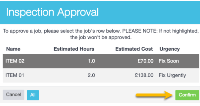 Workshop Software screen showing after selecting the items, click confirm and the inspection will have its sta...