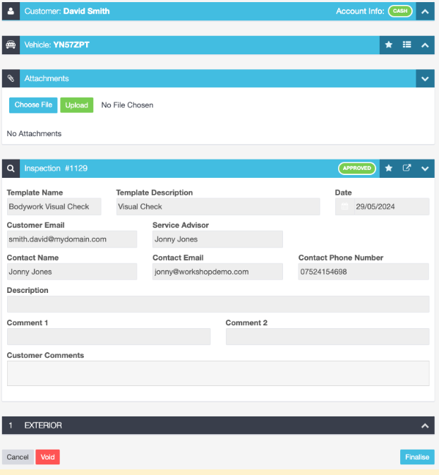Workshop Software screen showing the image below illustrates the approved inspection by the workshop