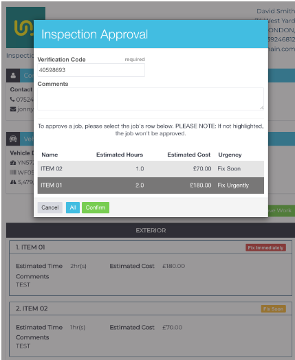 Workshop Software screen showing - by clicking on the link, the customer will be sent to the inspection detail...