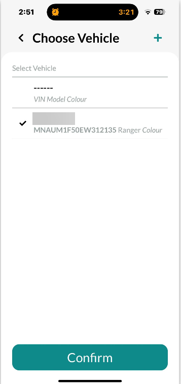 Workshop Software mobile app invoice functionality showing vehicle you will be working on, then press confirm