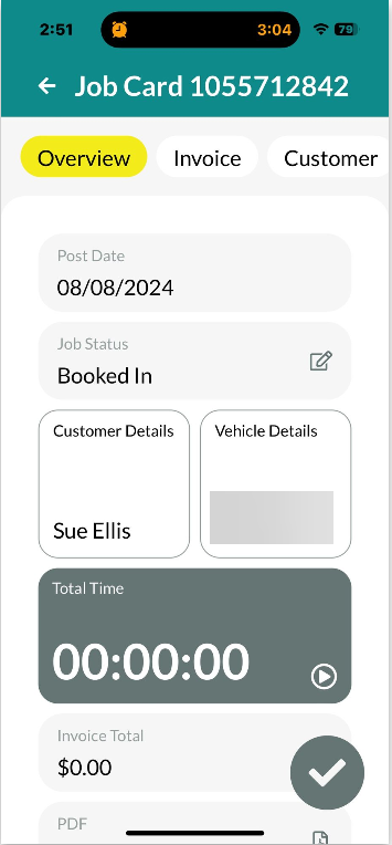 Workshop Software screen showing you will then be taken to the job card overview tab, where you will be able t...