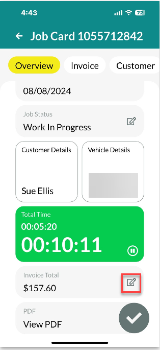 Workshop Software mobile app invoice functionality showing box next to invoice total to add more products or update the la...