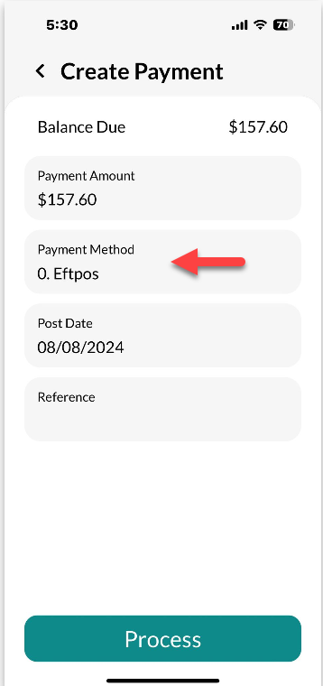 Workshop Software mobile app invoice functionality showing payment method by pressing in the payment method box process