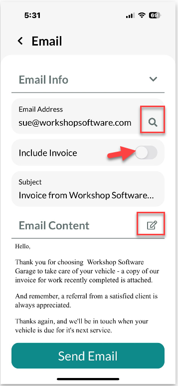 Workshop Software mobile app invoice functionality showing box in the email content area if you want to change or add anyt...