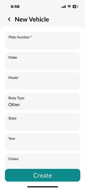 Workshop Software screen showing plate number (compulsory field) make model body type state year colour odomet...