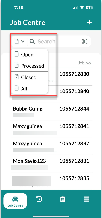 Workshop Software screen showing then select whether you would like to view open, processed, closed, or all in...