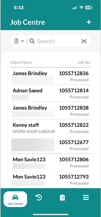 Workshop Software mobile app invoice functionality showing processed invoice from the job centre to which you would like t...
