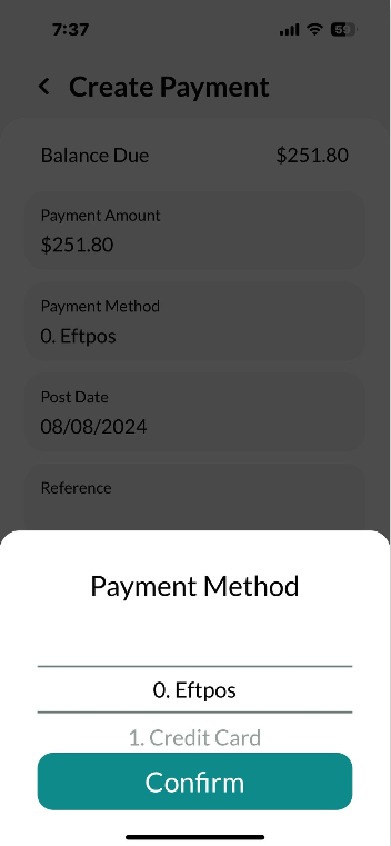Workshop Software mobile app invoice functionality showing payment method and then press confirm