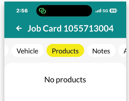 Workshop Software screen showing in the top menu of the selected job, tap the products tab to view products al...