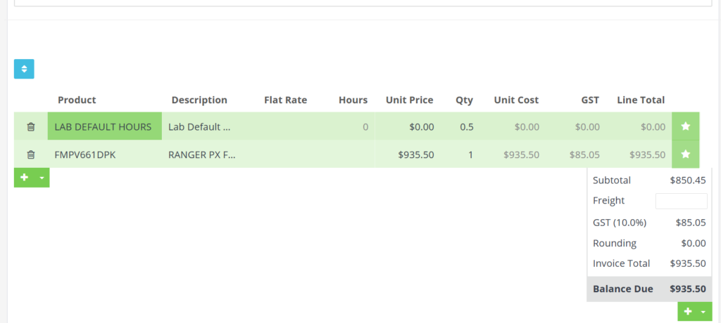 Workshop Software screen showing this will automatically add the selected parts to your invoice in workshop so...