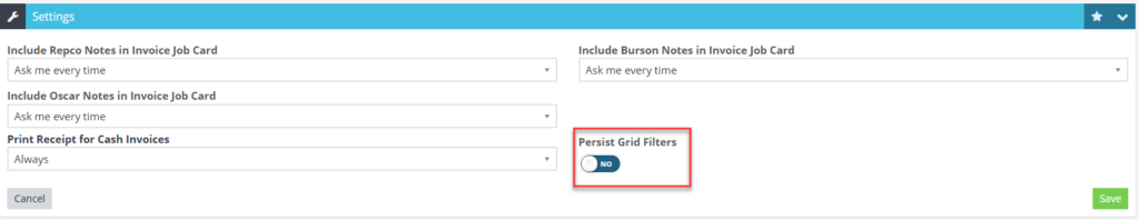 Workshop Software screen showing when this toggle is enabled under settings > user settings > persist grid fil…” width=”1024″ height=”198″>

Any filter you apply to your search will be remembered the next time you visit that page. For example, if you search for a specific term like “Oil” in the Products list and navigate away from the page, the filter will remain active when you return. The search/filter bar will still display the term “Oil,” and your results will automatically reflect that filter, saving you the time and effort of reapplying it manually.

<img loading=