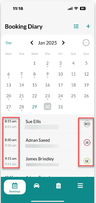 Workshop Software screen showing once a booking is assigned to a technician, you will see the technician’s ini...