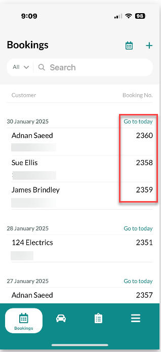 Workshop Software screen showing you can press on the booking number to be taken directly to that specific boo...