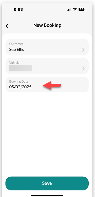 Workshop Software booking diary feature mobile app showing desired date and confirm your selection