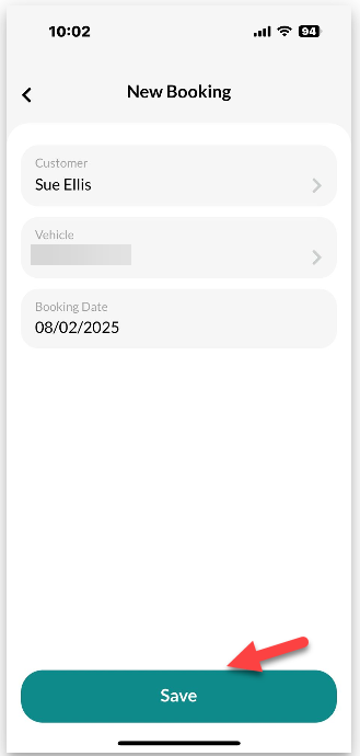 Workshop Software screen showing saving the booking once the customer, vehicle, and booking date are selected,...