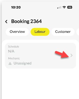 Workshop Software screen showing labour tab in the labour tab, you can select the mechanic to assign to the bo...