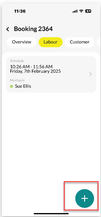 Workshop Software screen showing when you select the arrow to return to the booking, you can add more labour l...