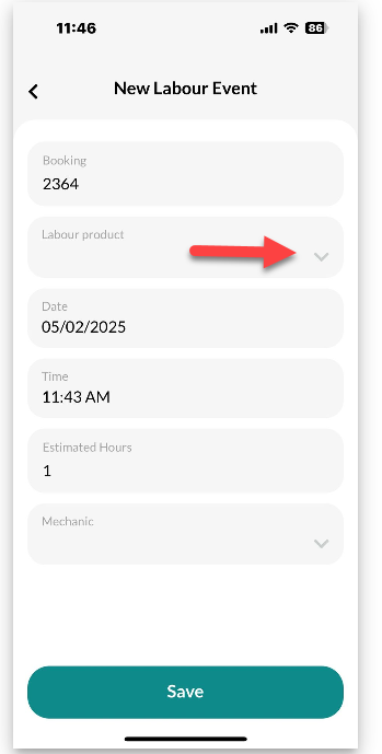 Workshop Software booking diary feature mobile app showing labour product by pressing the arrow in the labour field box