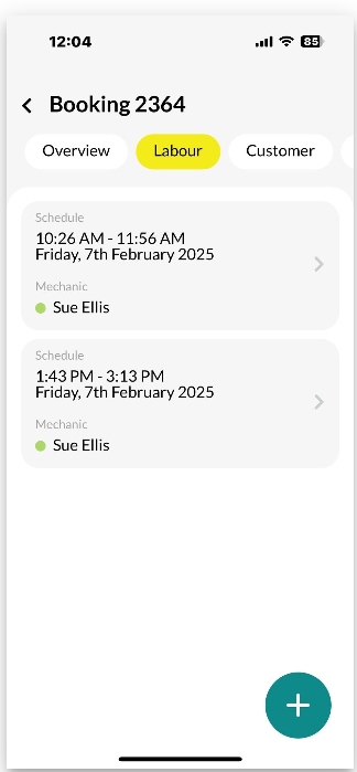 Workshop Software screen showing you will then be taken back to the booking's labour field, where you can see ...
