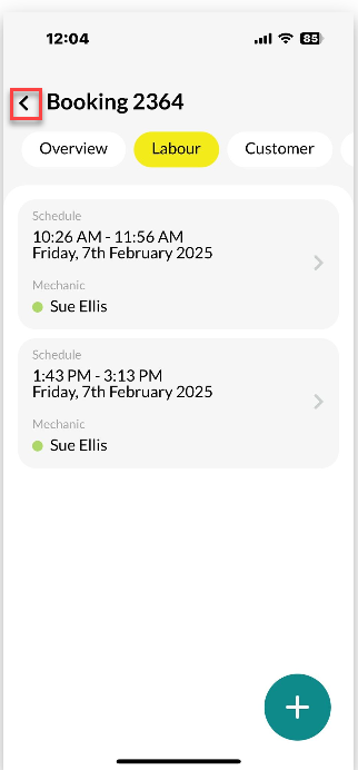Workshop Software screen showing returning to labour details press the arrow in the top right-hand corner to r...