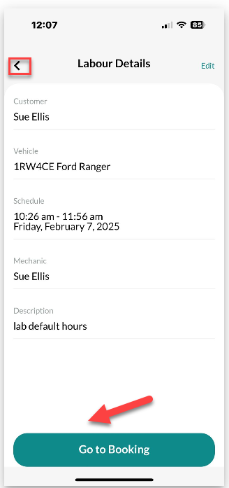 Workshop Software screen showing navigating to the booking diary or starting the job either select the arrow i...