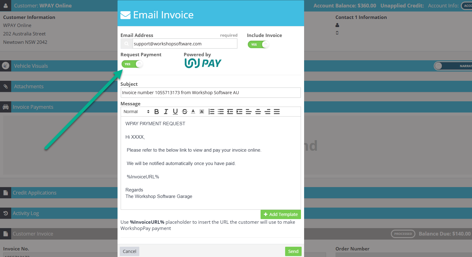 Workshop Software screen showing for more information on how to set up the default 'request payment' message, ...