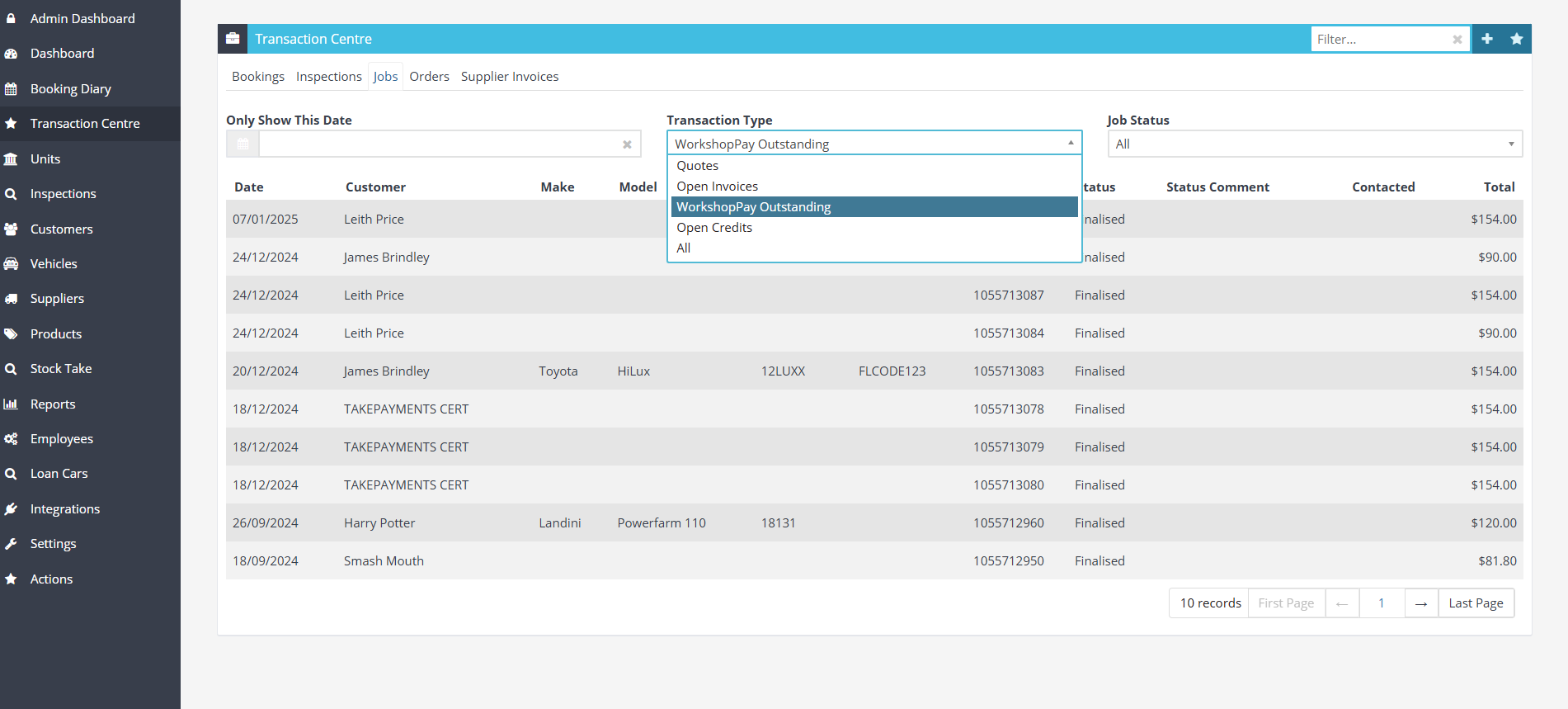 Workshop Software screen showing if you want to check which invoices have outstanding payment requests sent to...