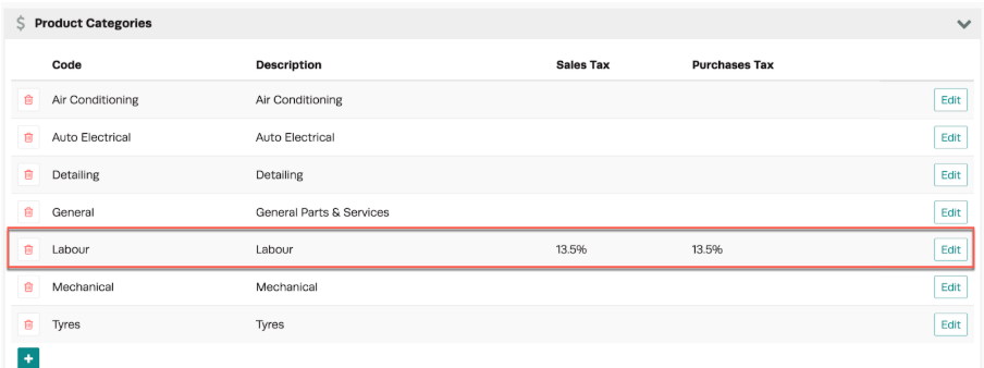 Workshop Software screen showing if a category does not have a tax rate assigned, it will default to the stand...