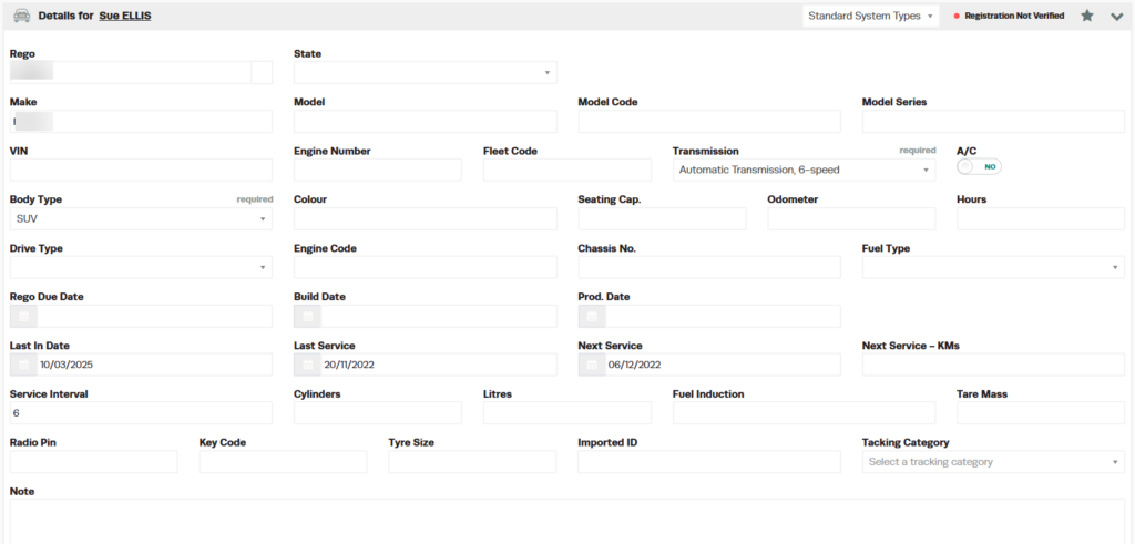 Workshop Software screen showing to apply a tracking category option open the vehicle registration profile to ...
