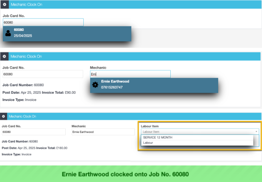 Workshop Software mechanic clock on and clock off in workshop software showing one labour item if the job has multiple items