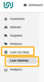Workshop Software loan car diary set up showing ' loan car diary ' in the menu, then select ' loan vehicles '