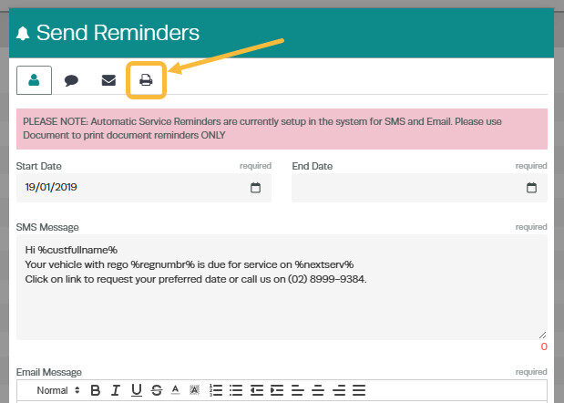 Workshop Software document reminders showing ' document '