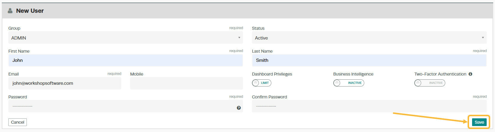 New user form with name, email, role, two-factor authentication and password fields
